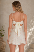 Floral flower applique mini dress with bow detail