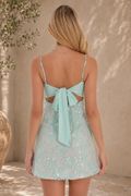 Floral flower applique mini dress with bow detail