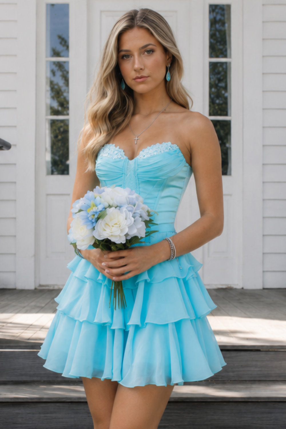 Light blue sweetheart A-line tiered chiffon homecoming dress