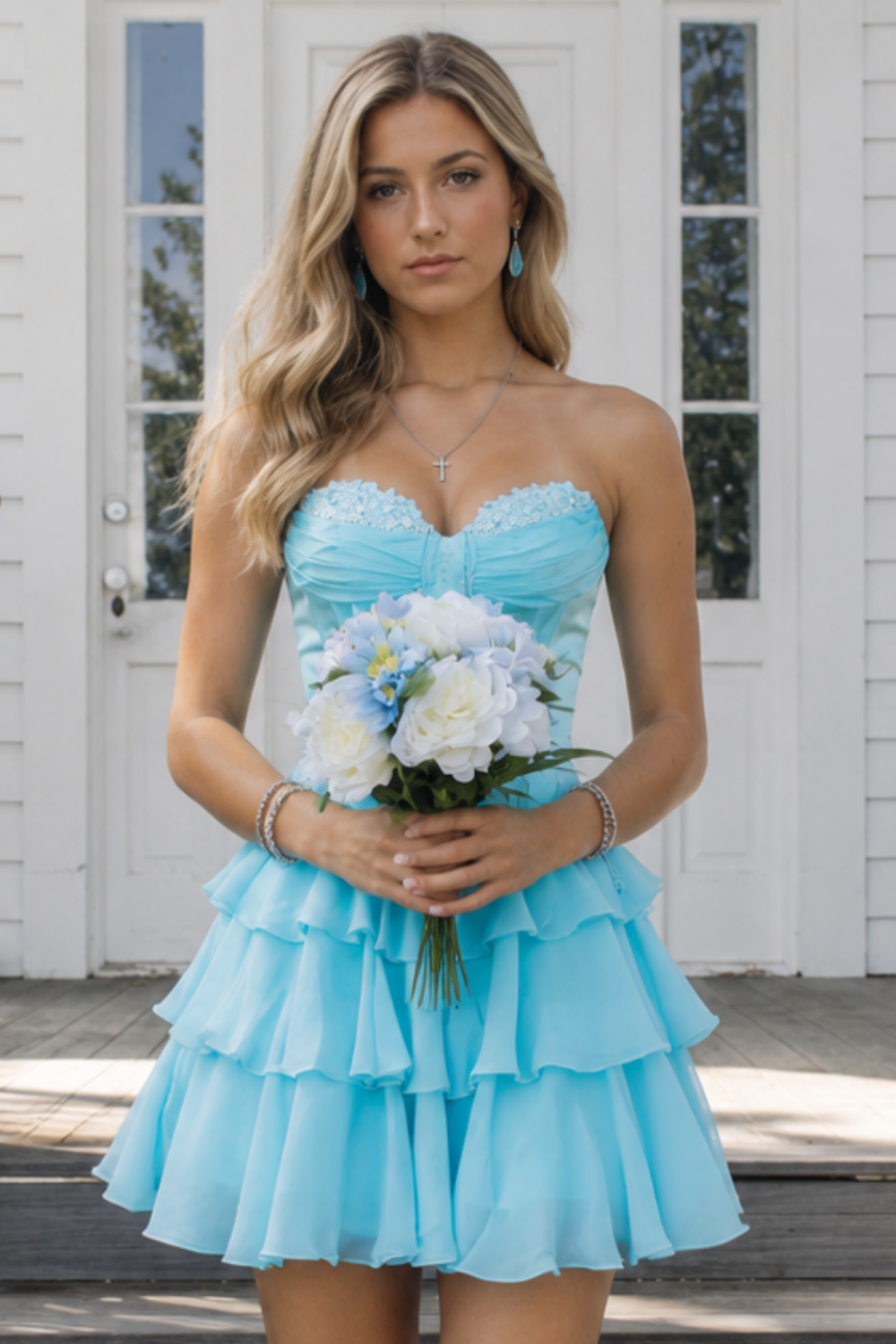 Light blue sweetheart A-line tiered chiffon homecoming dress