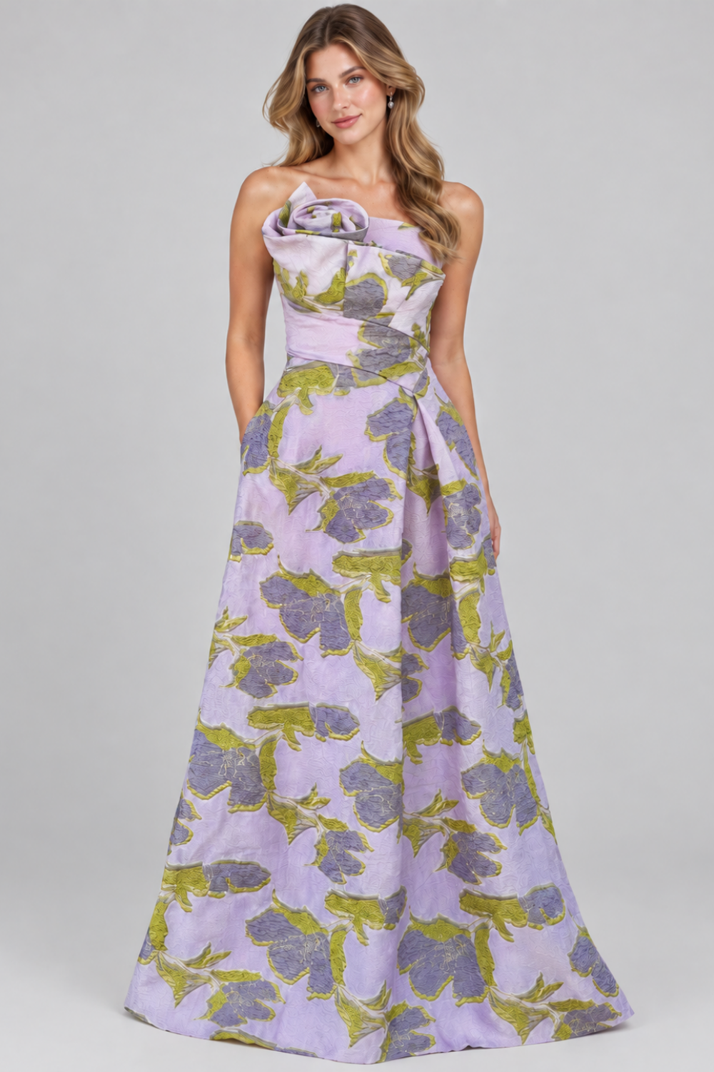 Floral print A-line formal dress with 3D flower details and pockets
