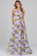 Floral print A-line formal dress with 3D flower details and pockets