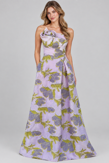 Floral print A-line formal dress with 3D flower details and pockets