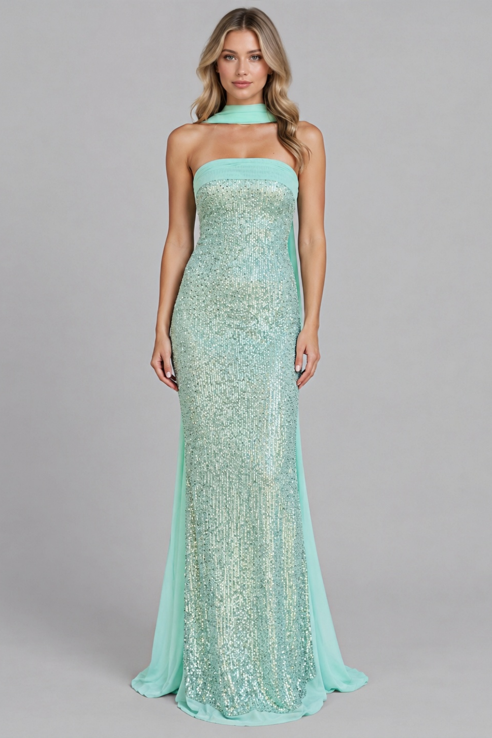 Green strapless sequin column maxi dress with neck scarf
