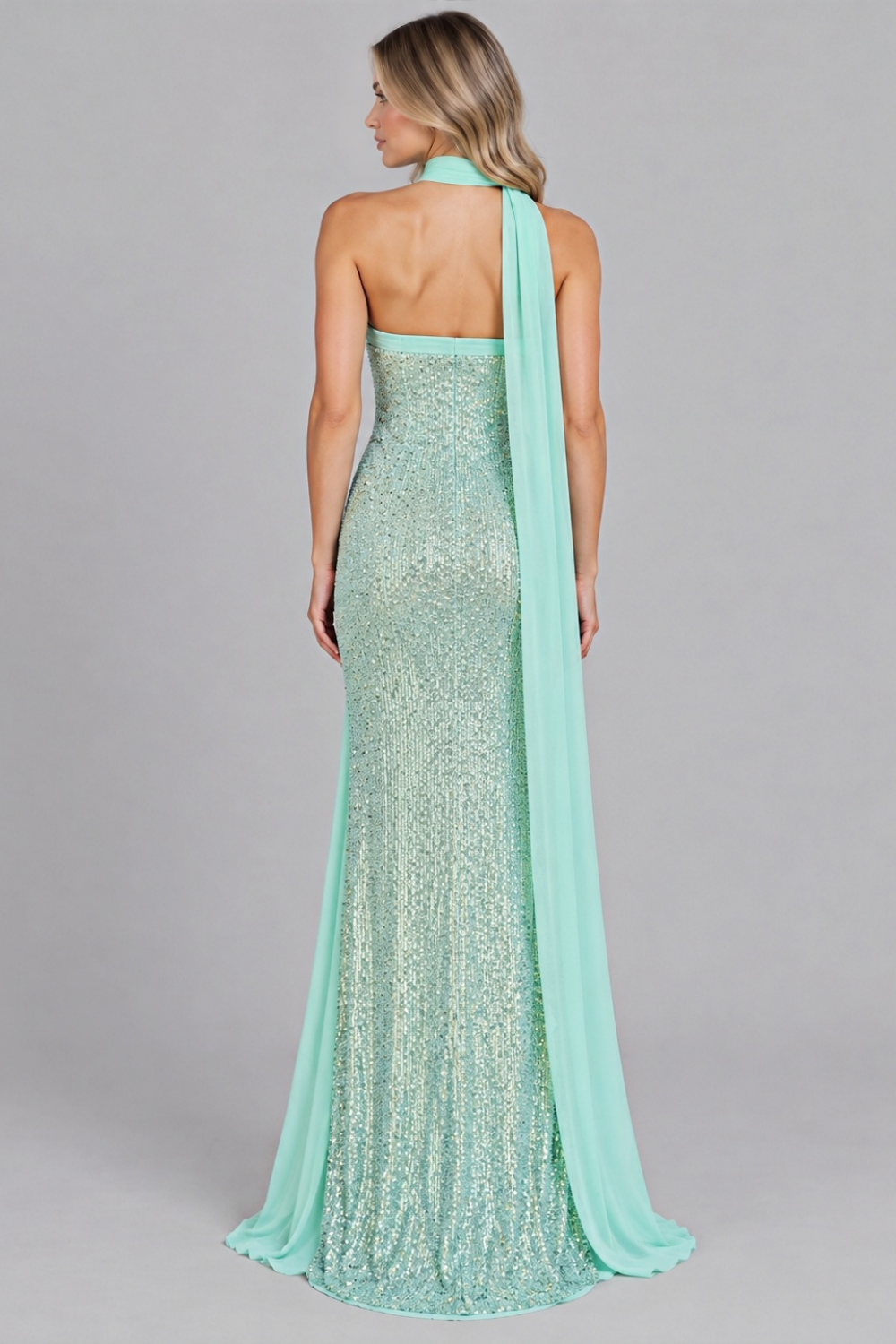 Green strapless sequin column maxi dress with neck scarf