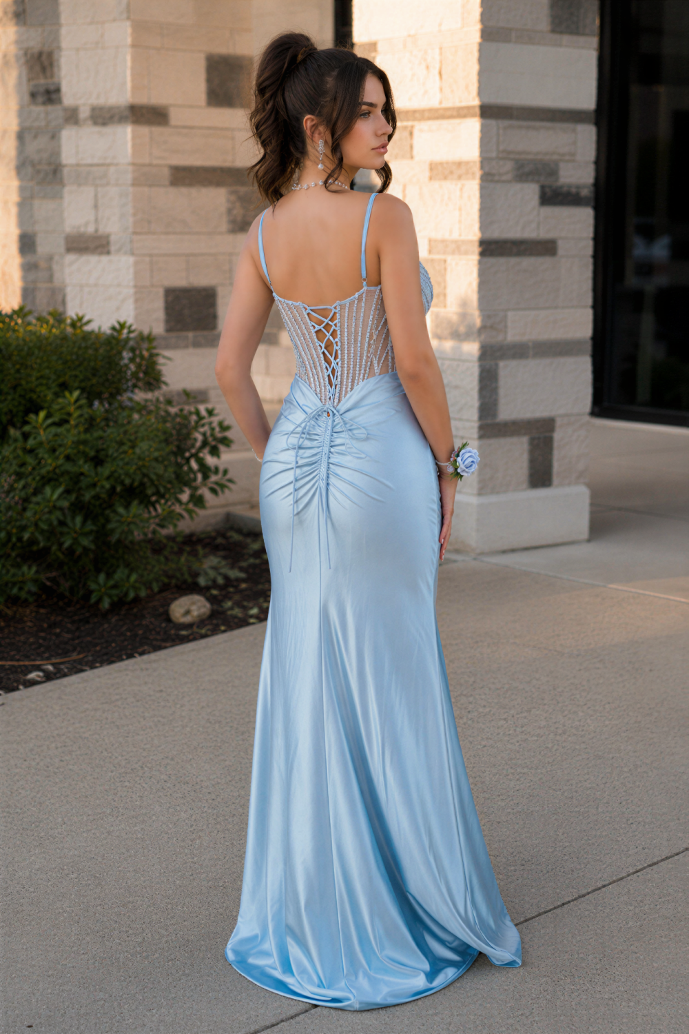 Ruched mermaid prom dress with illusion corset and high slit
