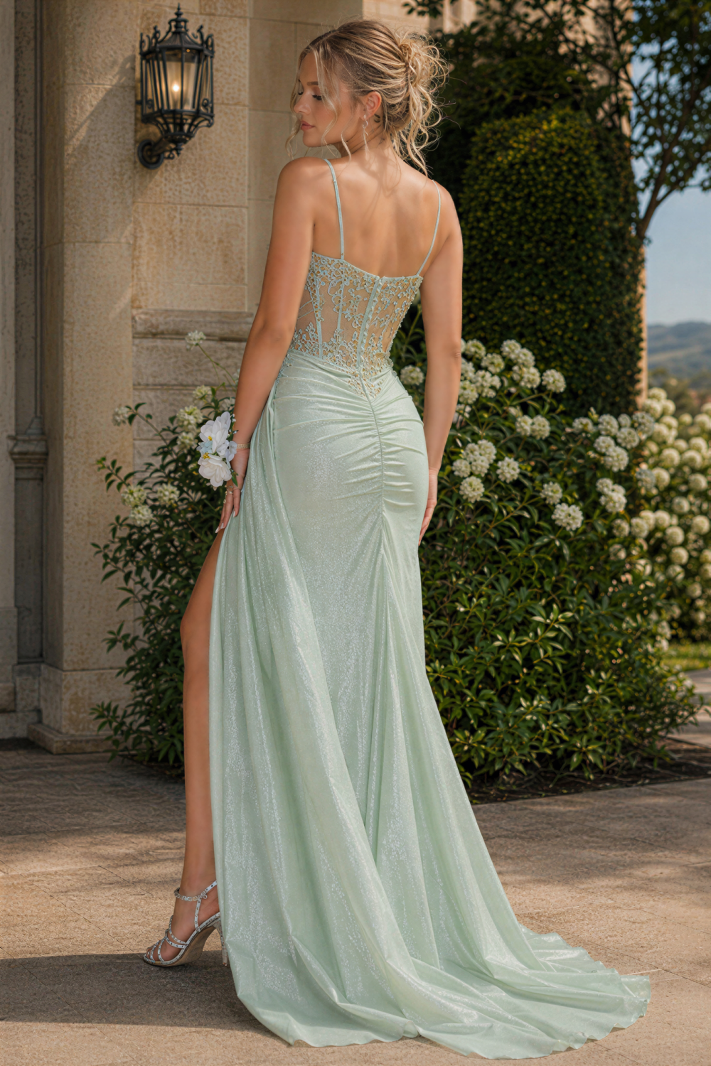 Mint green lace applique corset mermaid prom dress with high slit