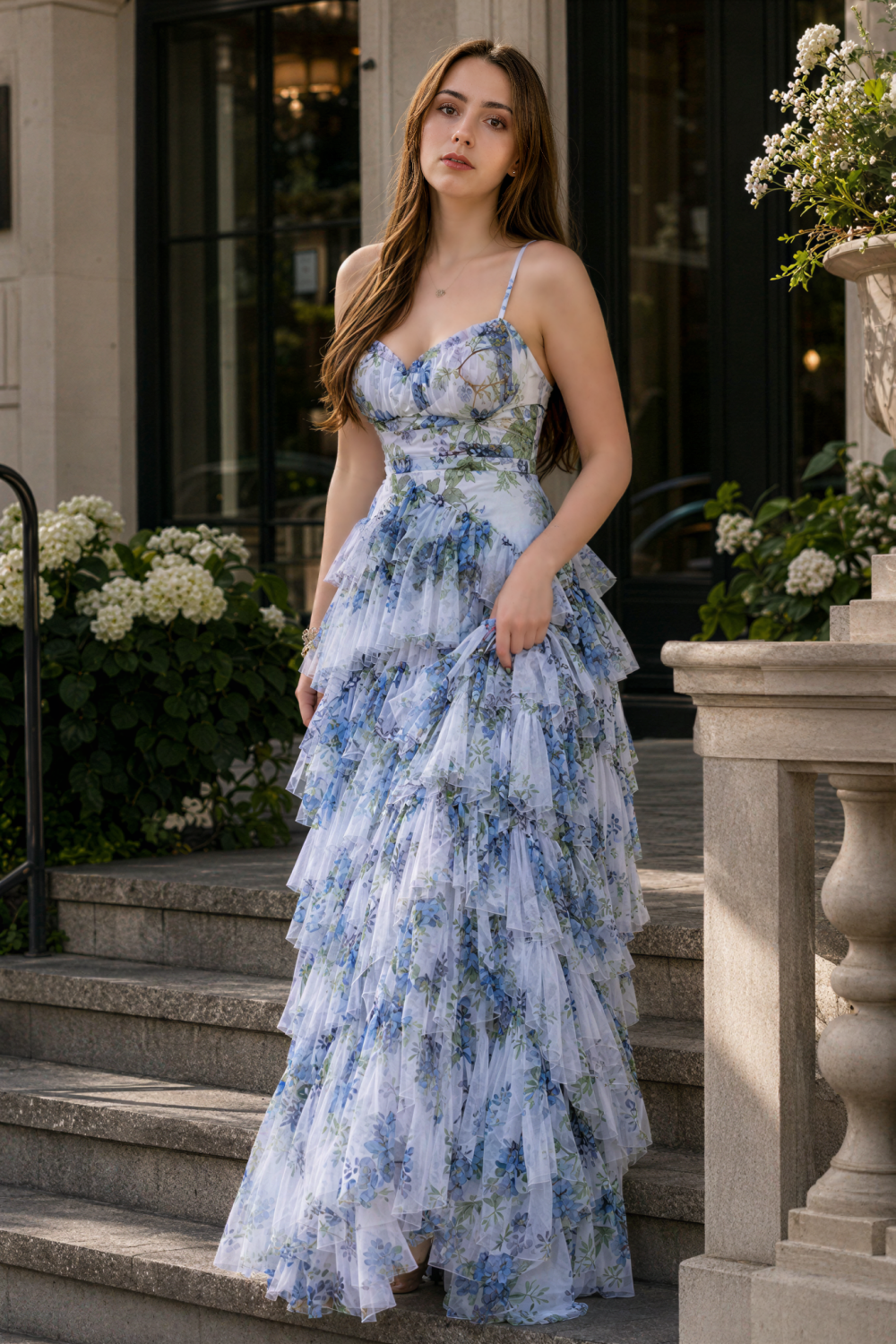 Long floral print A-line tiered chiffon prom dress