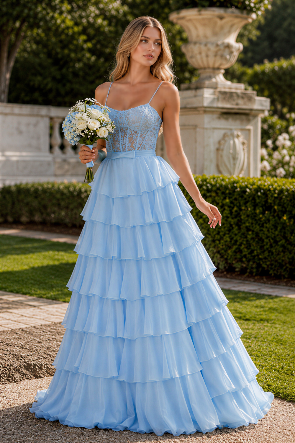 Light blue chiffon A-line prom gown with ruffles and lace appliques