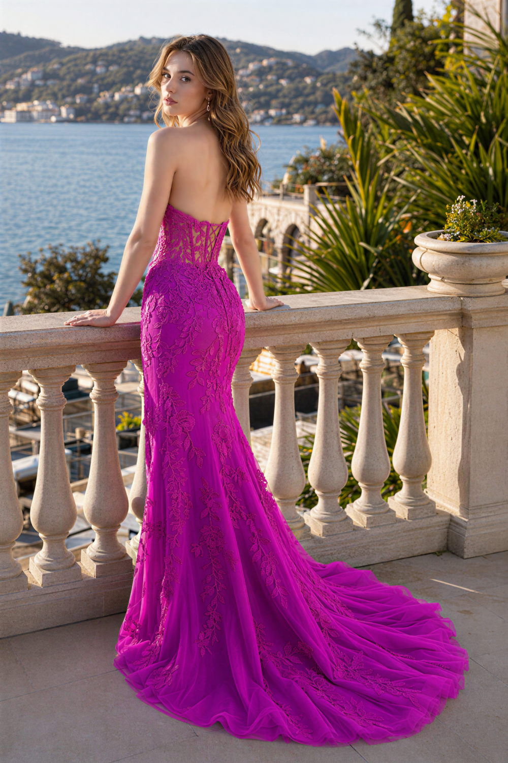 Purple strapless lace applique prom gown with high slit