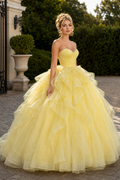 Yellow strapless ruched A-line ruffle tulle prom gown