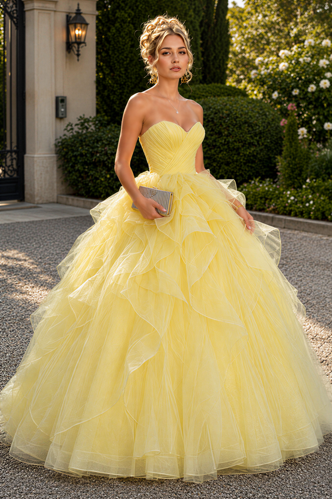 Yellow strapless ruched A-line ruffle tulle prom gown