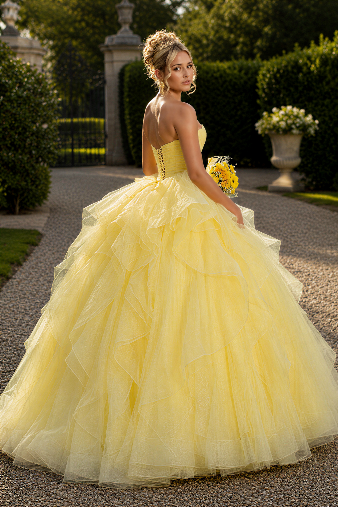 Yellow strapless ruched A-line ruffle tulle prom gown