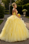 Yellow strapless ruched A-line ruffle tulle prom gown