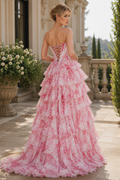 Floral print sweetheart corset tiered chiffon prom dress