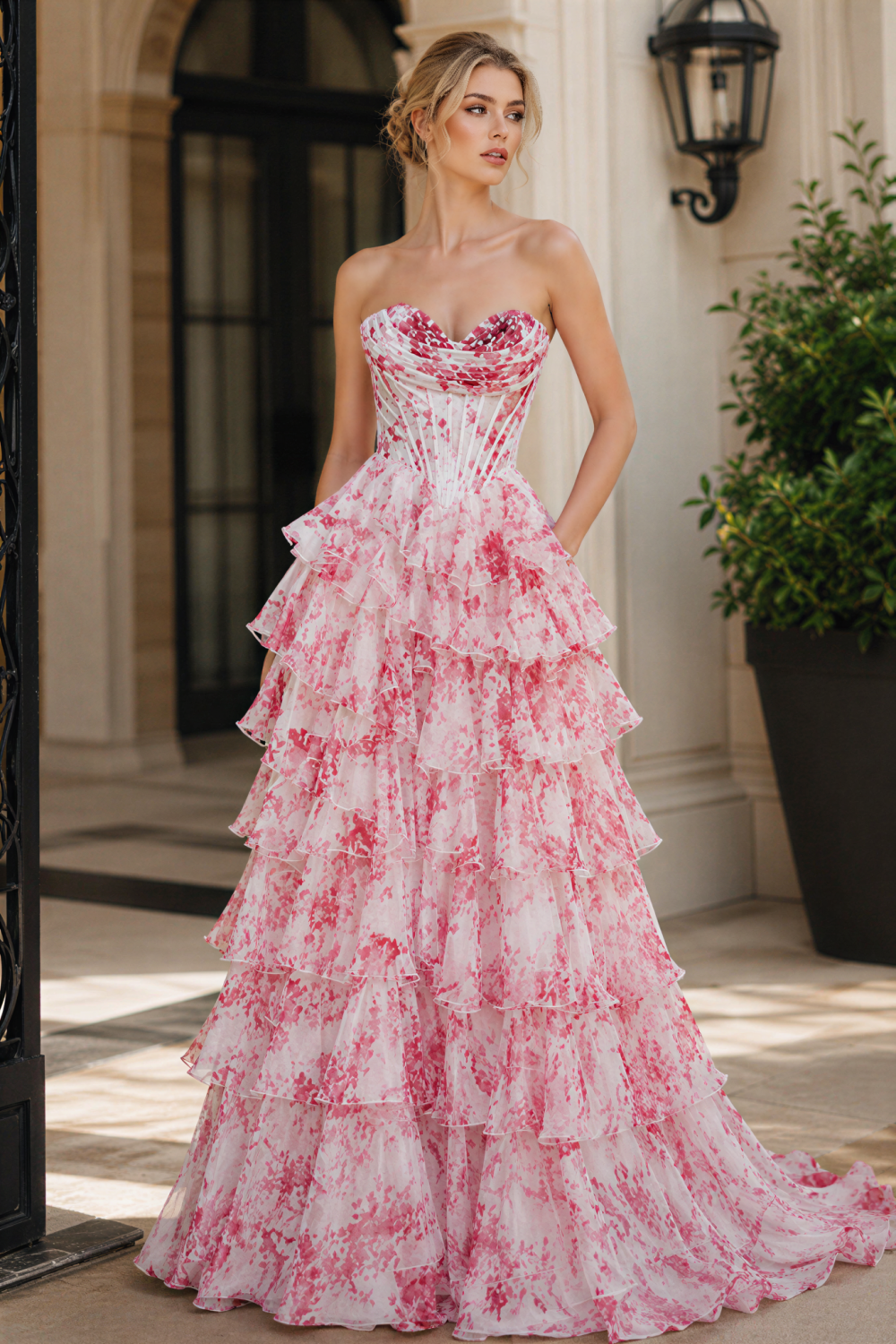 Floral print sweetheart corset tiered chiffon prom dress