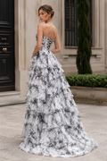 Floral print sweetheart corset tiered chiffon prom dress