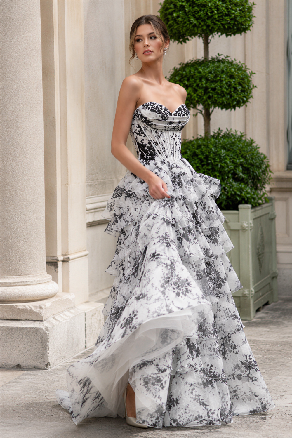 Floral print sweetheart corset tiered chiffon prom dress