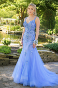 Blue 3D floral applique illusion tulle mermaid prom dress