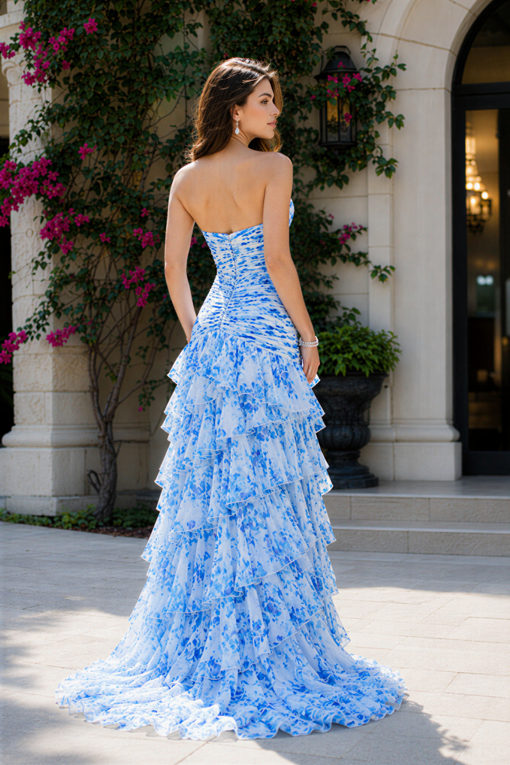 Floral print sweetheart ruched tiered mermaid prom dress
