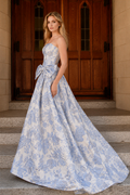 Strapless floral A-line prom dress with side bow