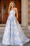 Strapless floral A-line prom dress with side bow
