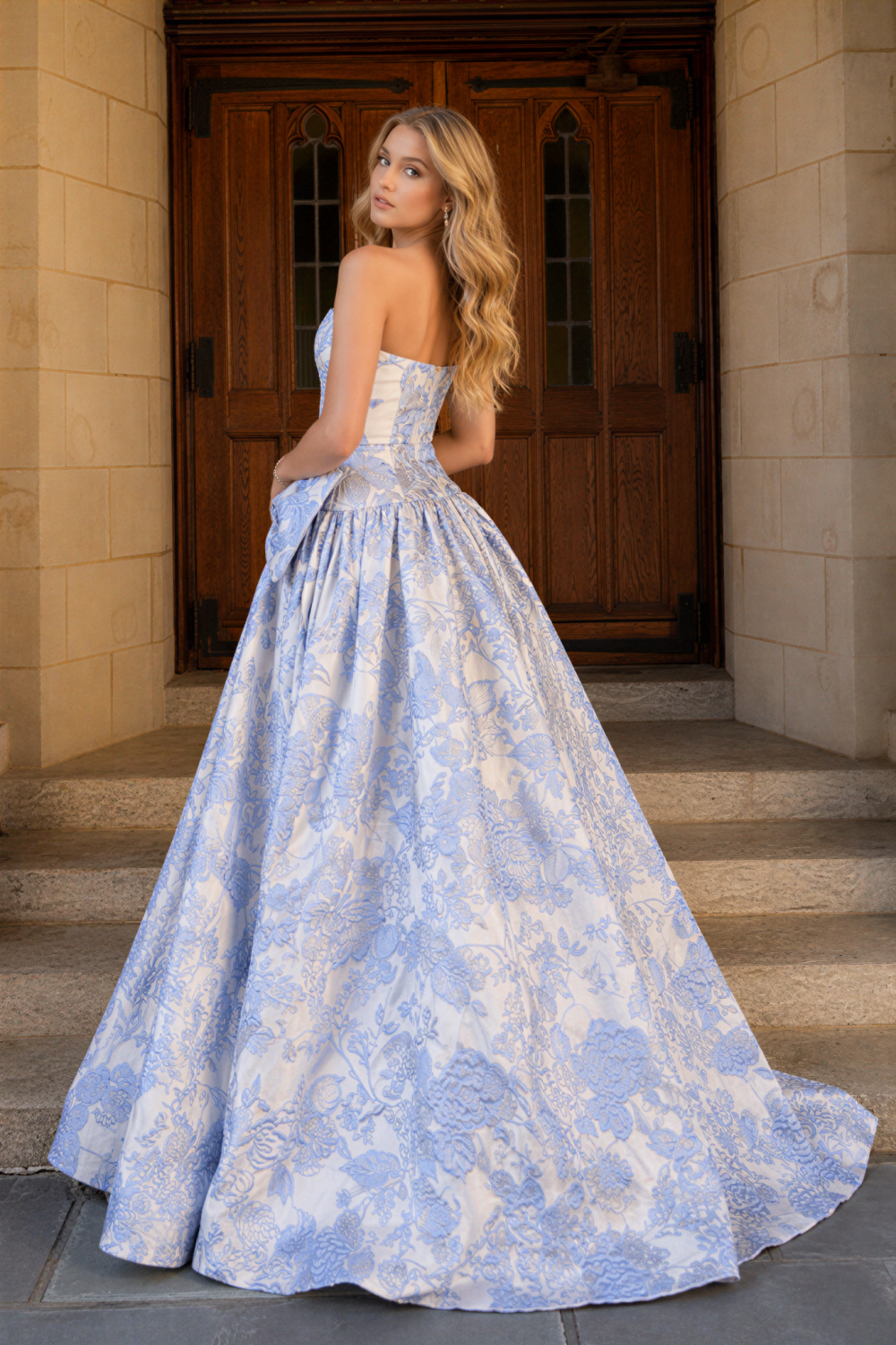Strapless floral A-line prom dress with side bow