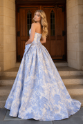 Strapless floral A-line prom dress with side bow
