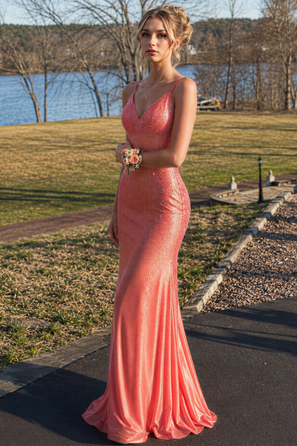 Pink V-neck beaded mermaid long prom dress