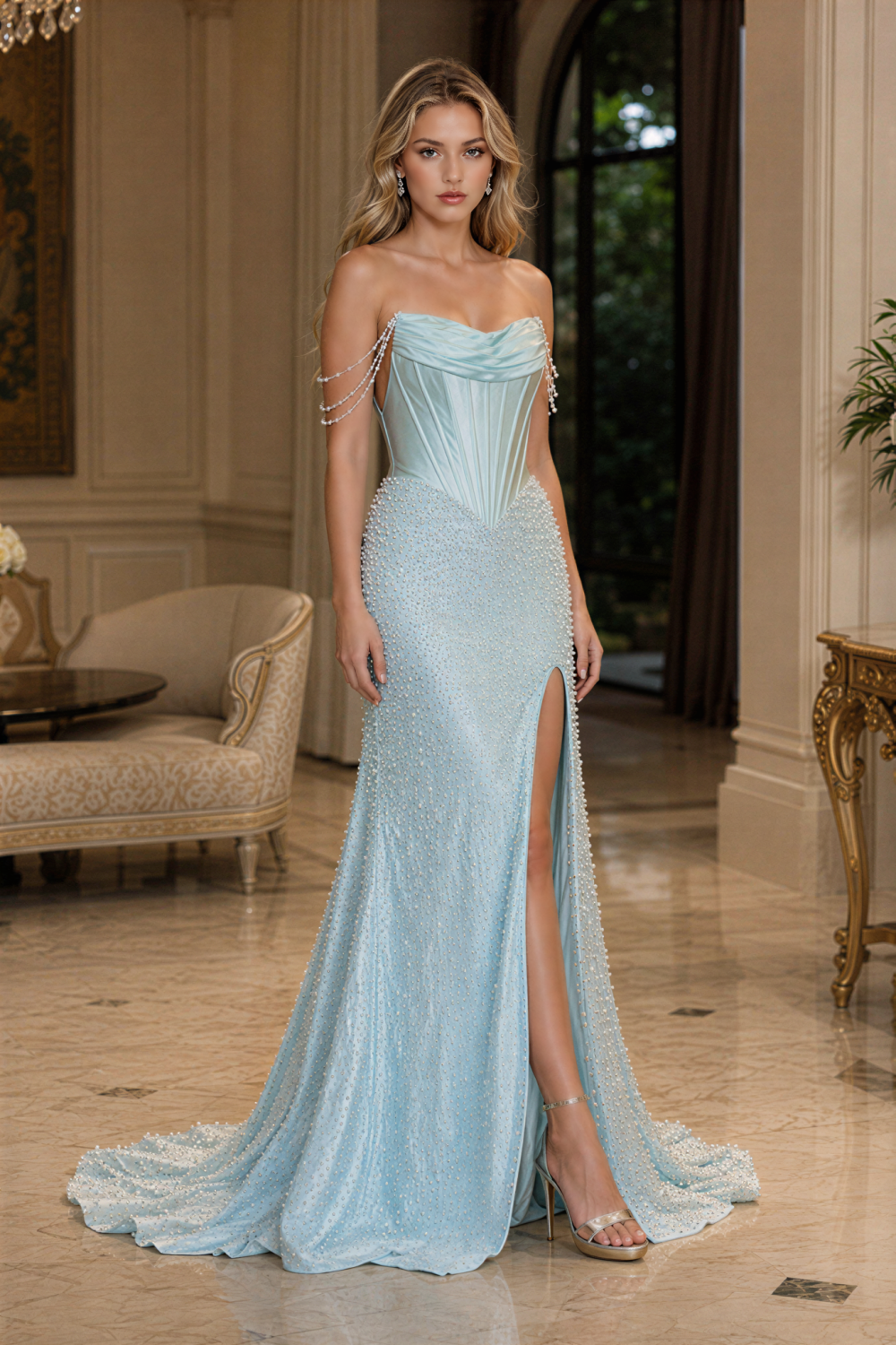 Light blue off-the-shoulder beaded corset mermaid prom dress with slit