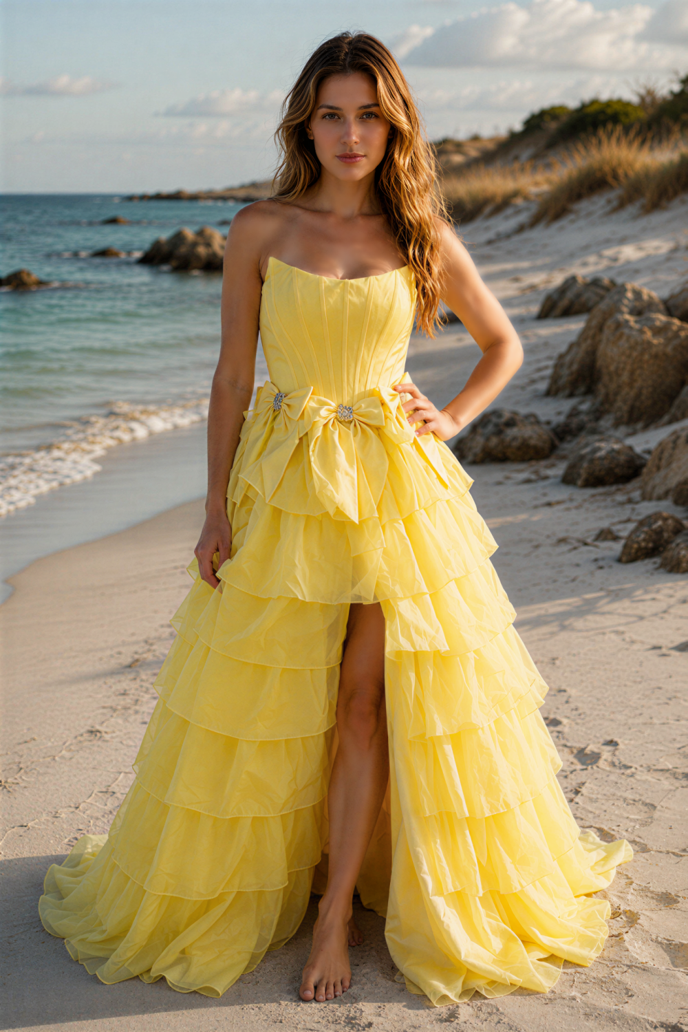 Yellow strapless tiered A-line prom dress with bow
