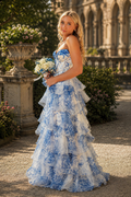 Floral print sweetheart tiered chiffon A-line prom dress