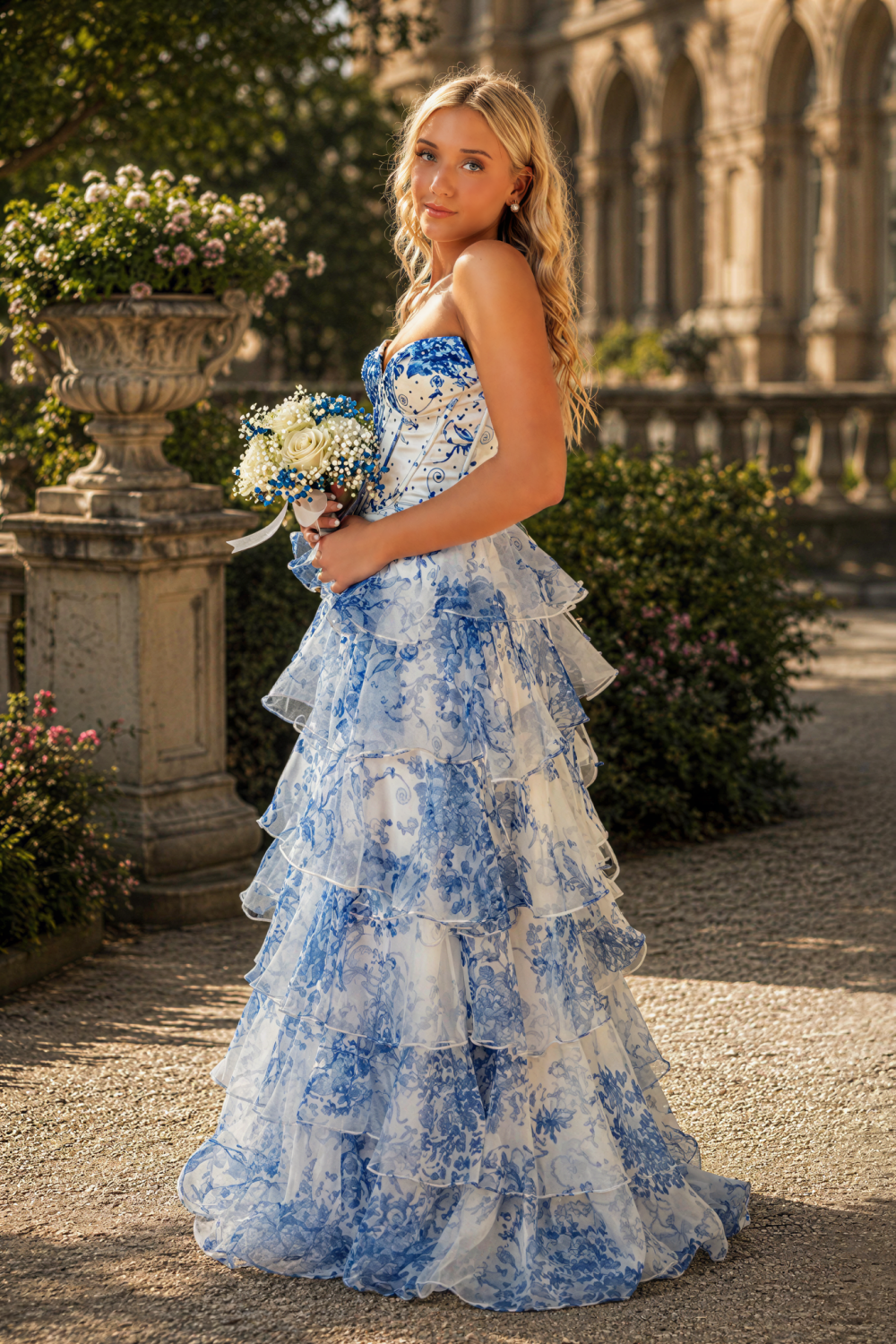 Floral print sweetheart tiered chiffon A-line prom dress