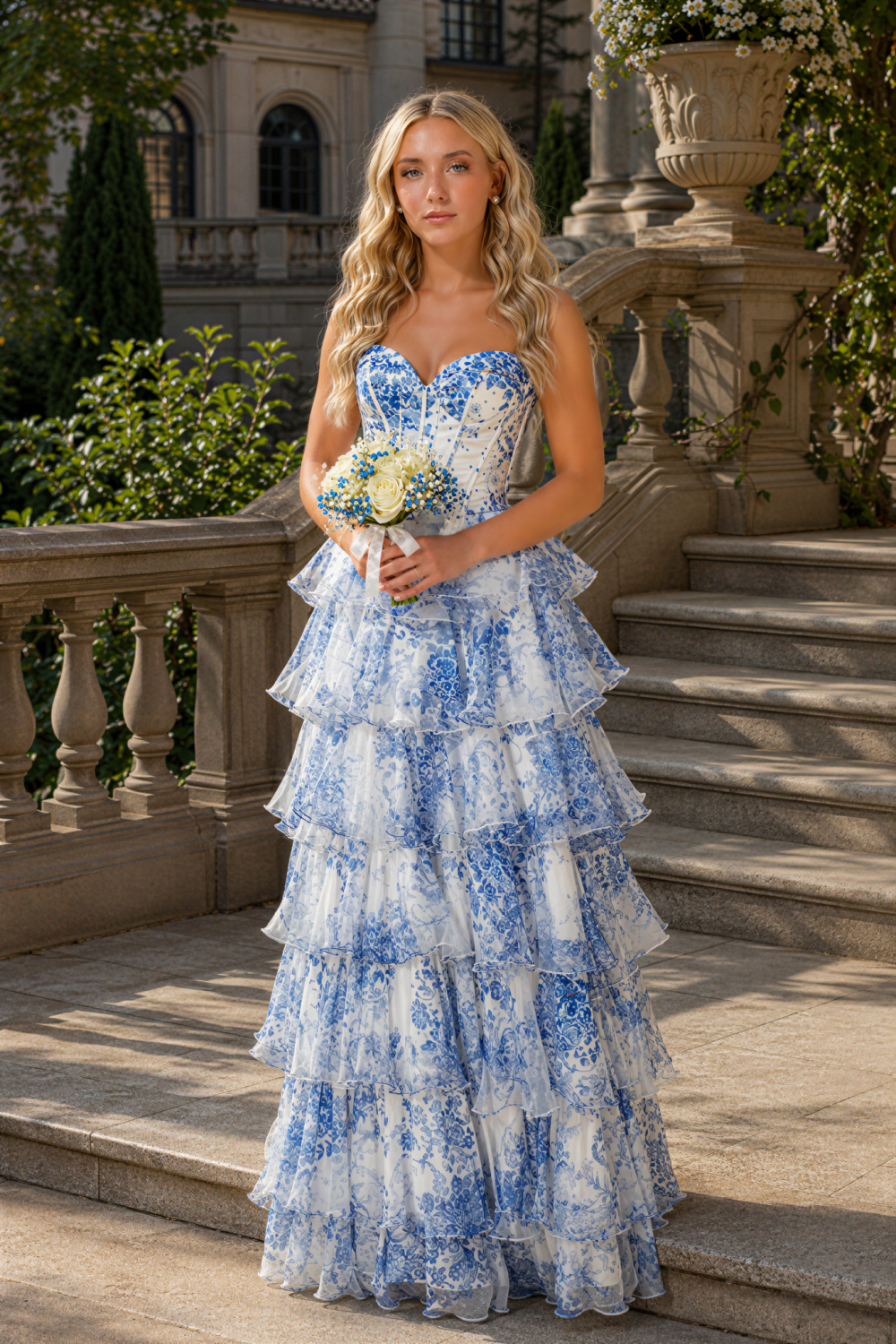 Floral print sweetheart tiered chiffon A-line prom dress