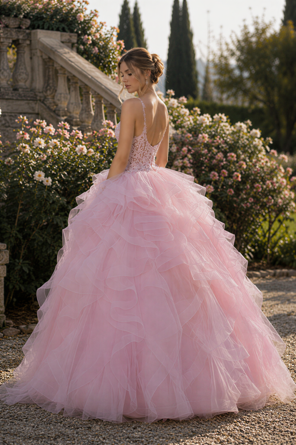 Pink 3D-flower Appliques A-line Ruffle Puff Gowns
