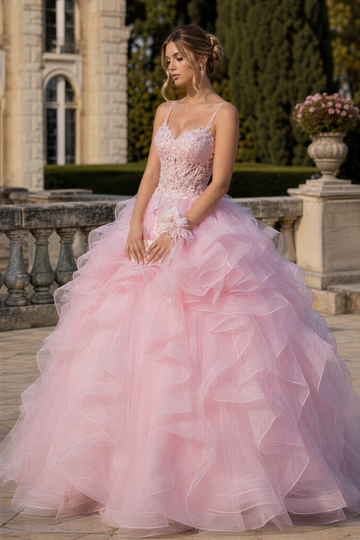 Pink 3D-flower Appliques A-line Ruffle Puff Gowns