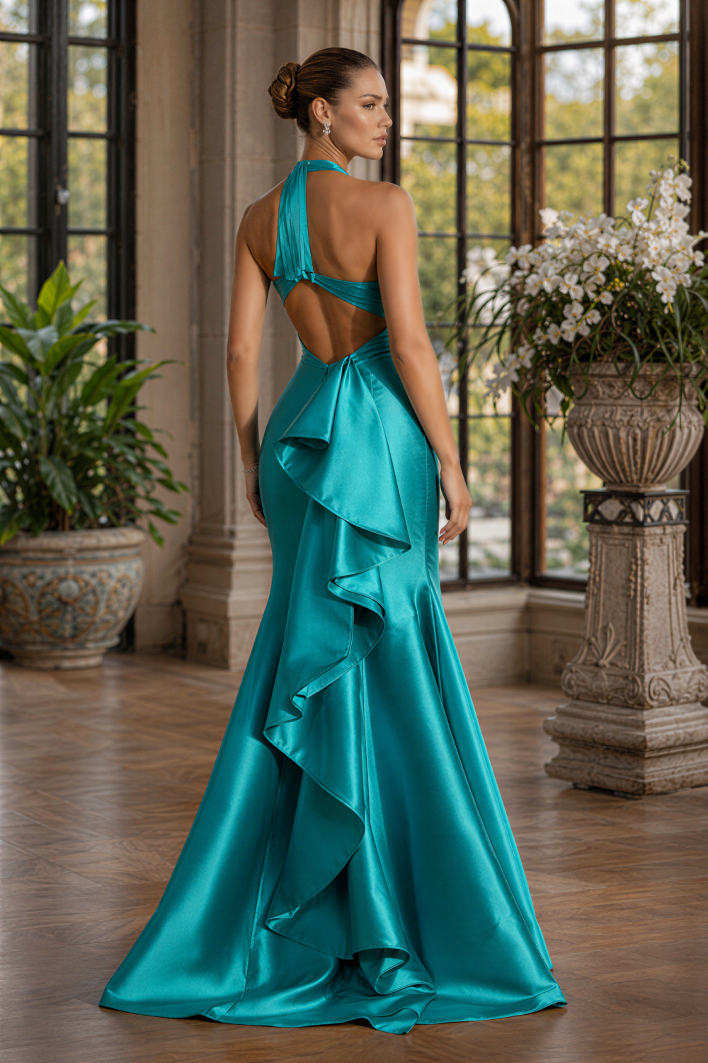 Blue halter mermaid prom dress with ruffles and lace-up back