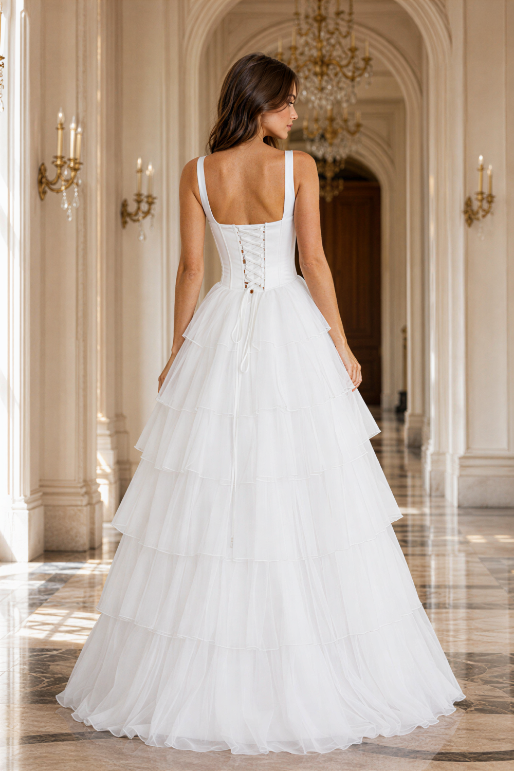 White A-line ruffle chiffon prom dress with side slit and lace-up back