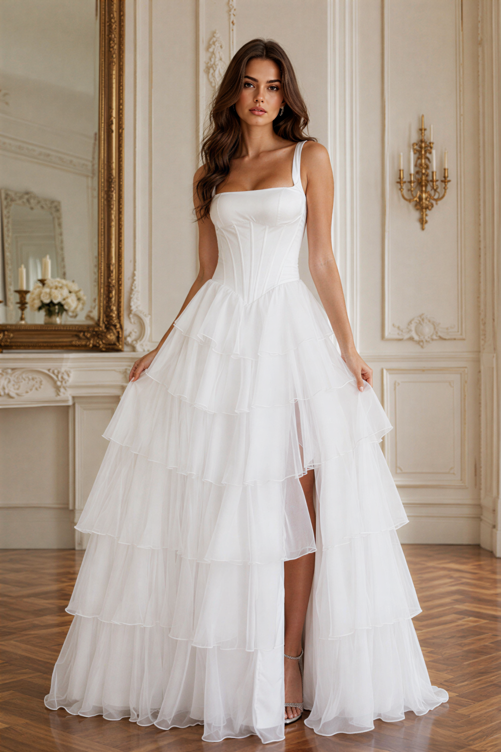 White A-line ruffle chiffon prom dress with side slit and lace-up back