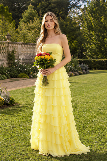 Yellow chiffon A-line tiered strapless prom dress