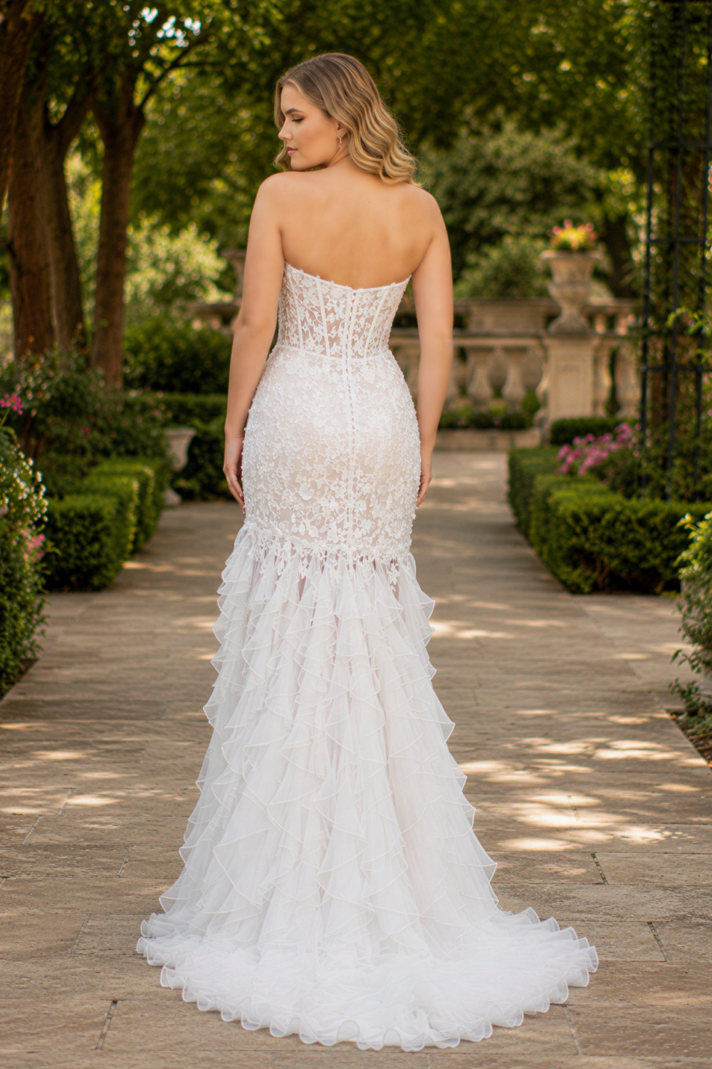 White sweetheart lace applique ruffle prom dress with side slit