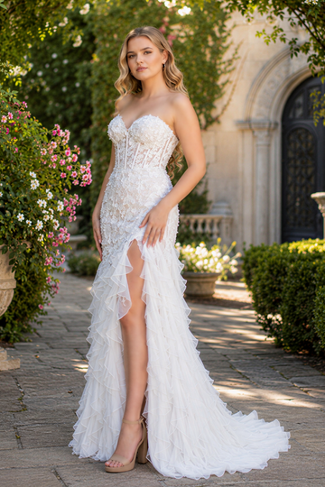 White sweetheart lace applique ruffle prom dress with side slit