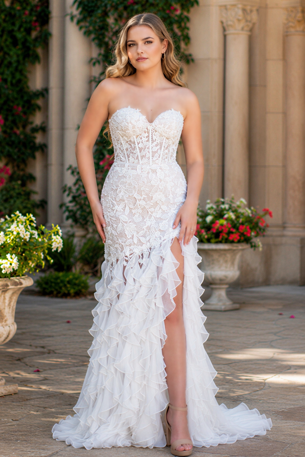 White sweetheart lace applique ruffle prom dress with side slit