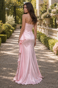 Strapless pink ruched ruffle satin long prom dress