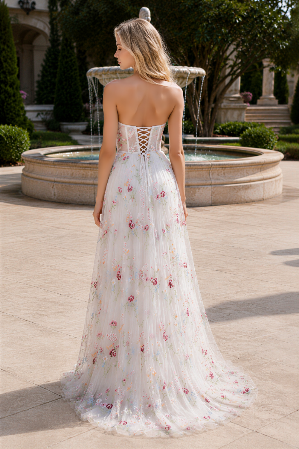 Strapless floral print tulle A-line prom dress with illusion corset