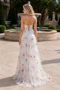 Strapless floral print tulle A-line prom dress with illusion corset