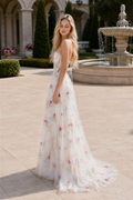 Strapless floral print tulle A-line prom dress with illusion corset