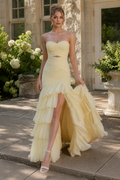 Yellow chiffon ruched mermaid prom dress with keyhole and side slit