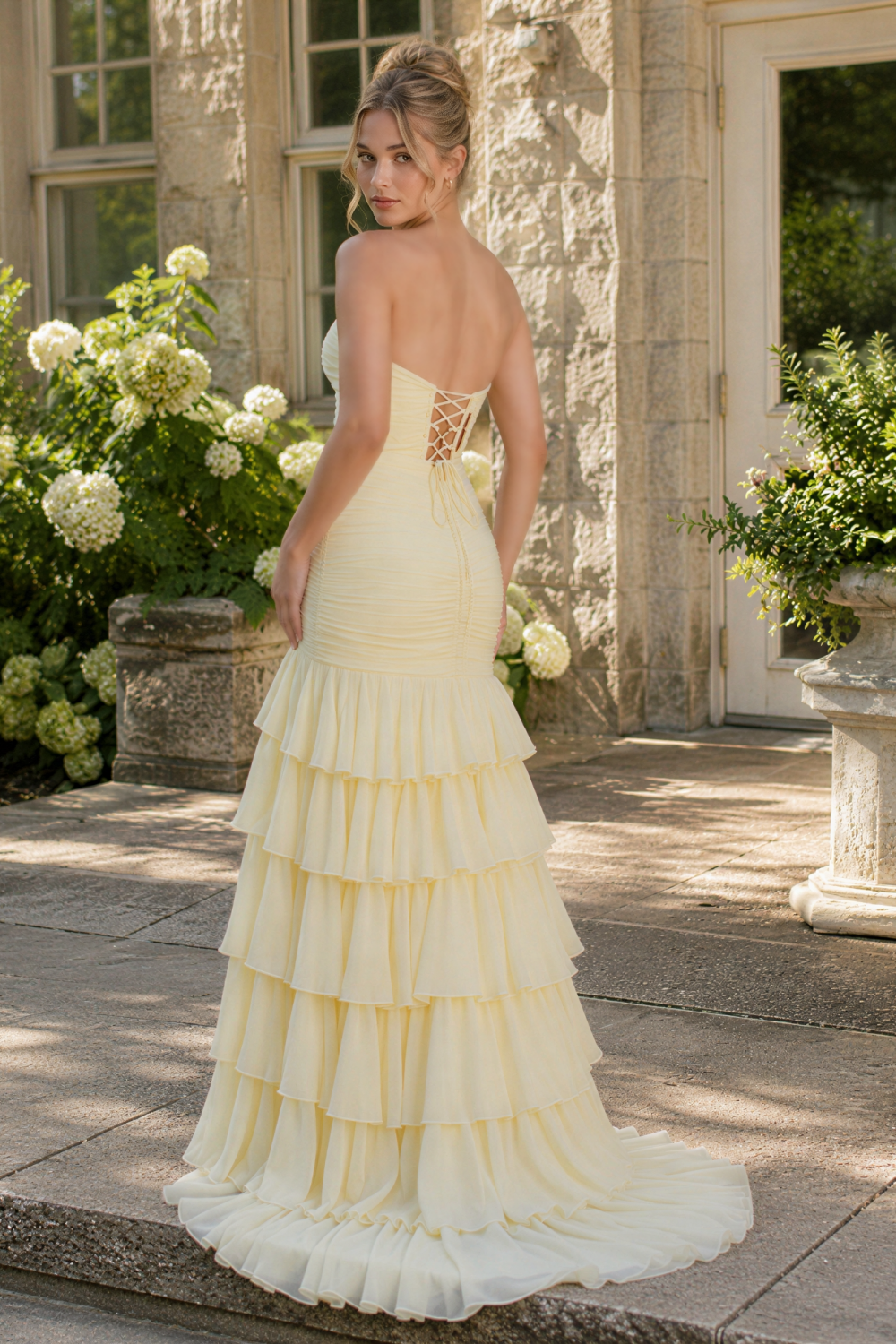 Yellow chiffon ruched mermaid prom dress with keyhole and side slit