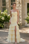 Yellow chiffon ruched mermaid prom dress with keyhole and side slit